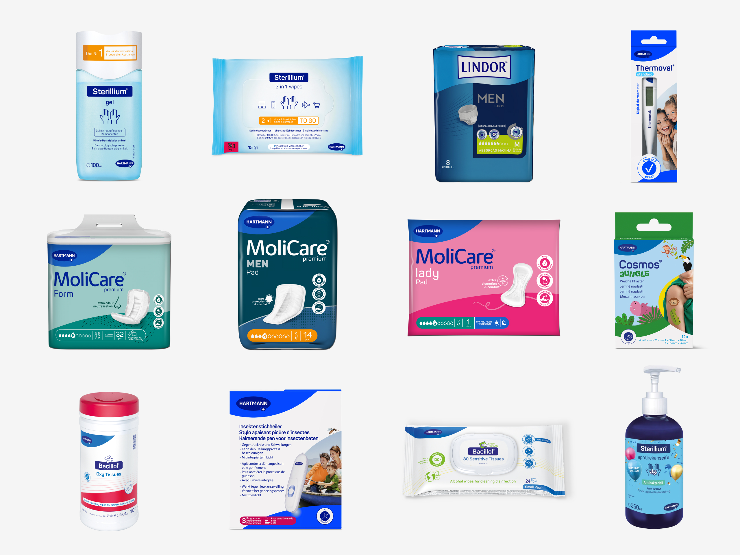 Assortment of healthcare and hygiene products including disinfectants, wipes, incontinence pads, and a thermometer in retail packaging.