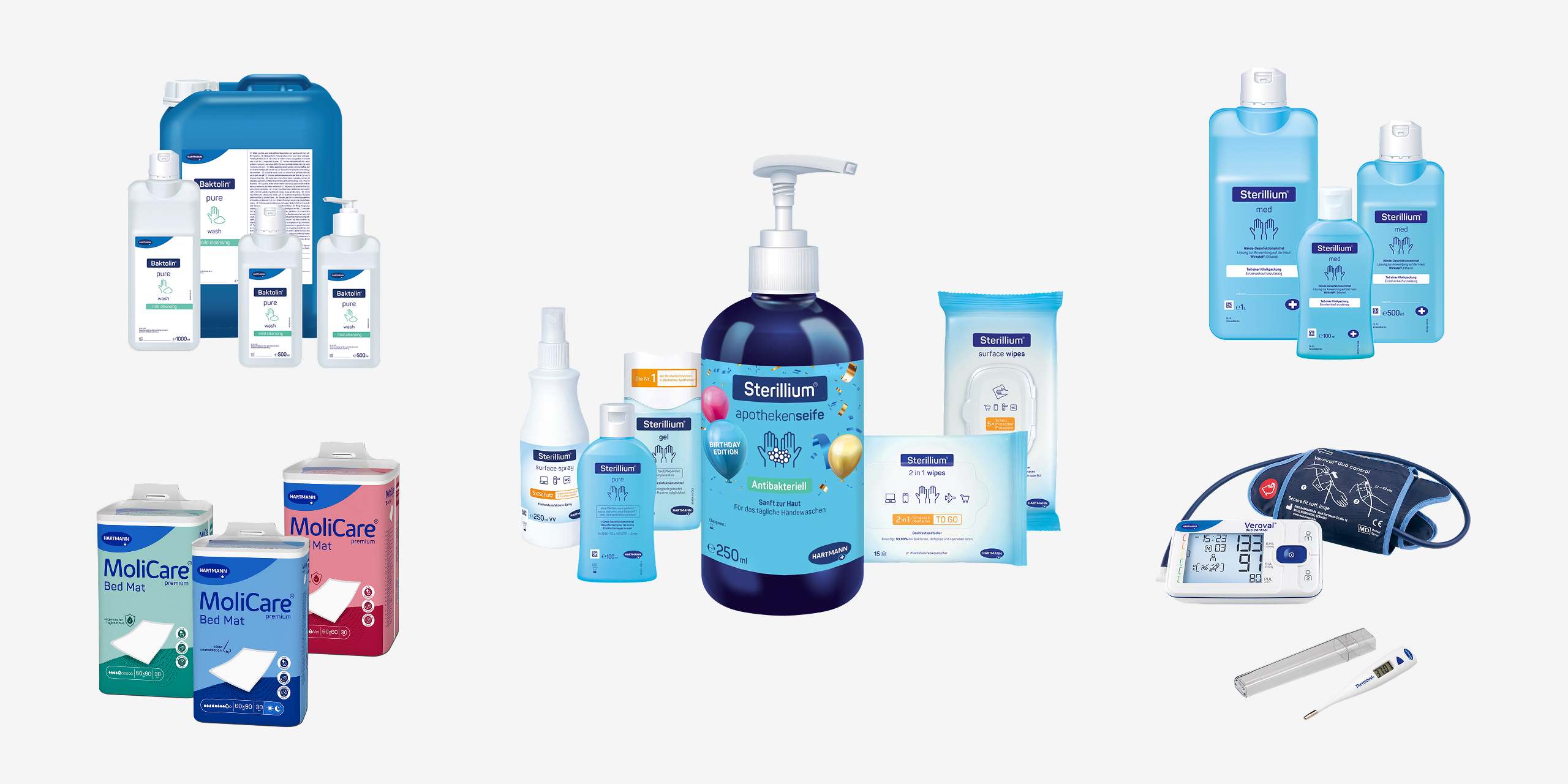 Collection of healthcare and hygiene products, including disinfectants, soaps, wipes, incontinence bed mats, a blood pressure monitor, and a digital thermometer.