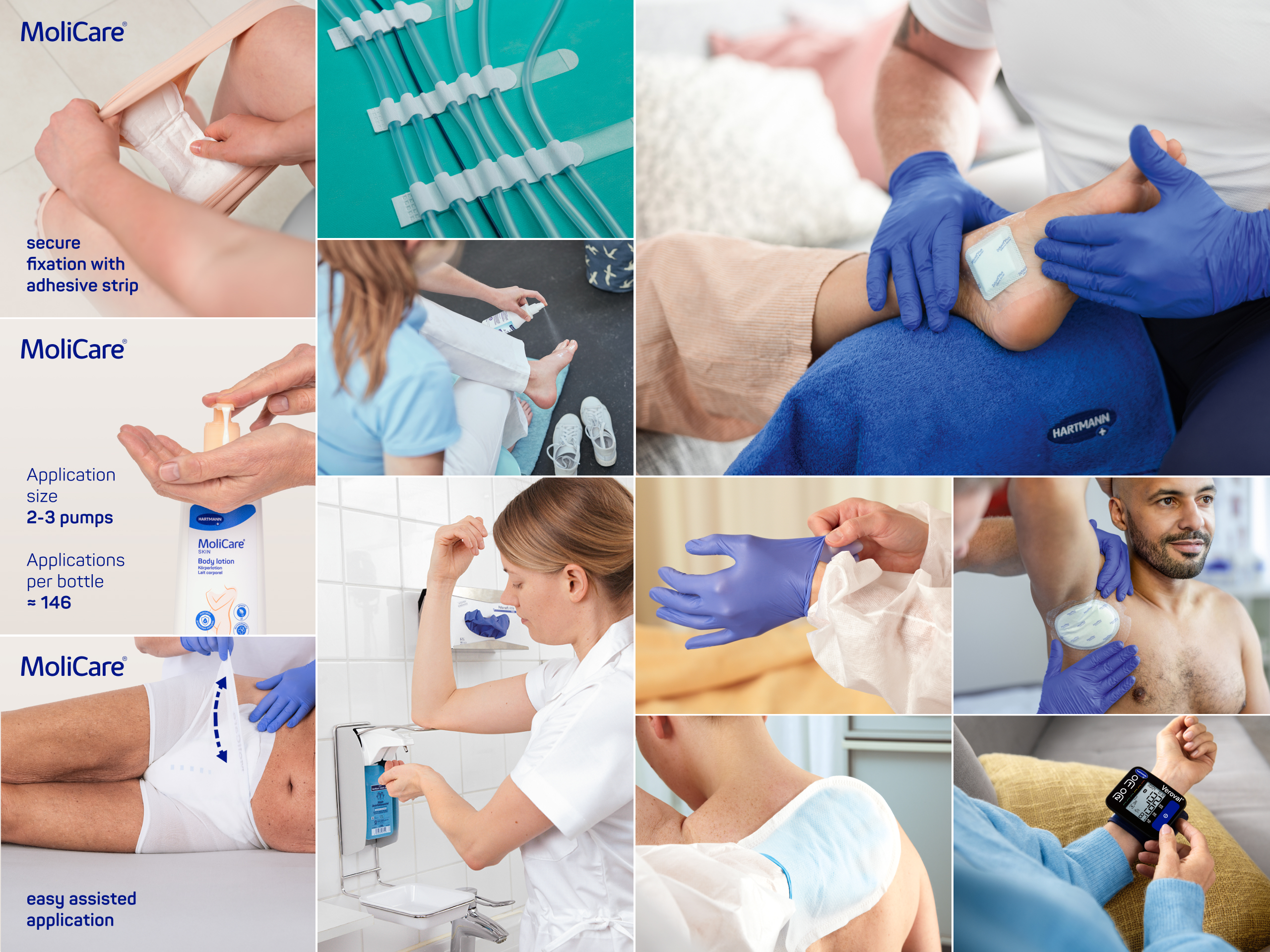 Collage of healthcare product applications, including incontinence pad fixation, hand disinfection, wound dressing on foot and chest, protective gloves, assisted product application, and blood pressure monitoring.