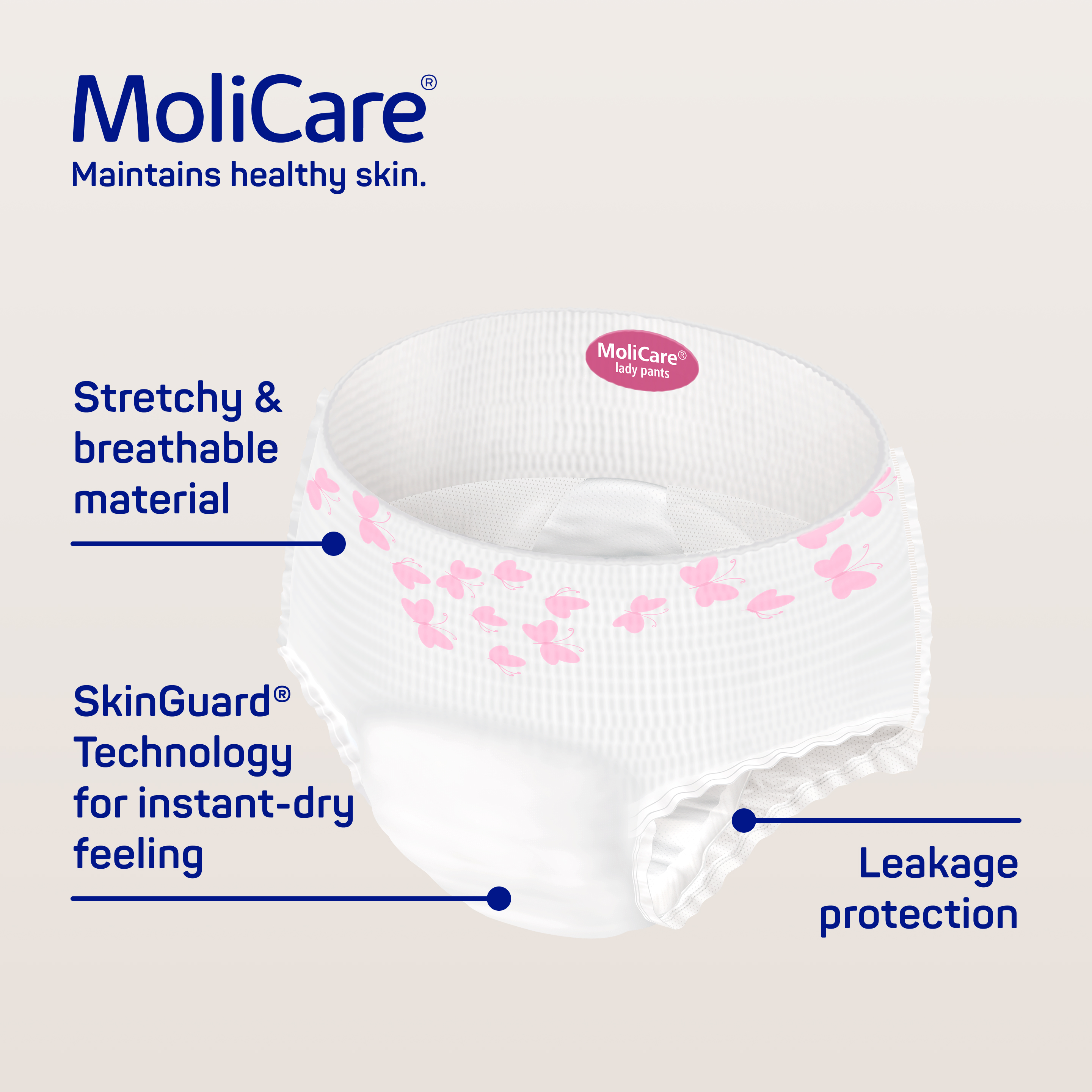 MoliCare© Lady Pants with highlighted features, including breathable material, instant-dry technology, and leakage protection.