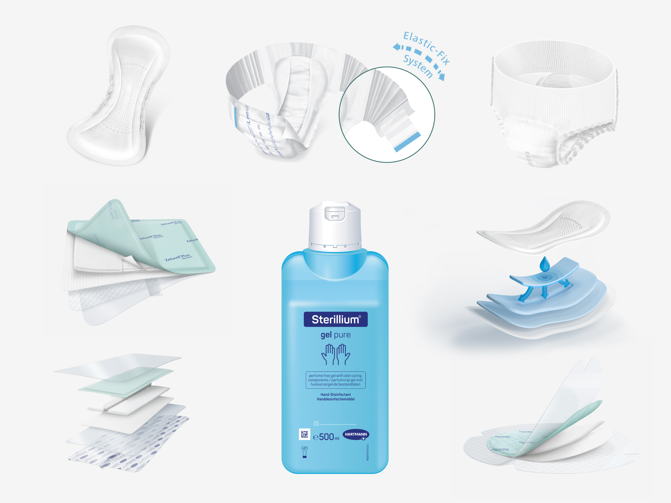 Collage of hygiene and incontinence product components, featuring layered pad structures and a Sterillium© hand disinfectant bottle.