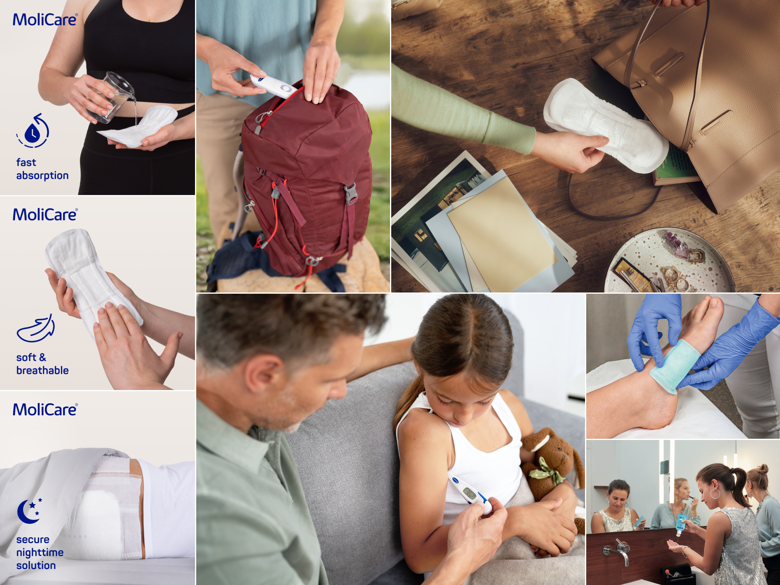 Lifestyle collage showing incontinence products in everyday use, wound care treatment, temperature measurement, and hand disinfection.
